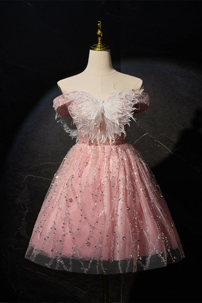 Off the Shoulder Blush Pink A-line Short Princess Dress