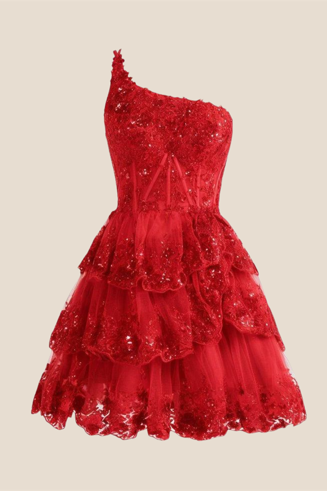 One Shoulder Hot Pink Sequin Tiered Short Dress