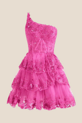 One Shoulder Blue Sequin Tiered Short Dress