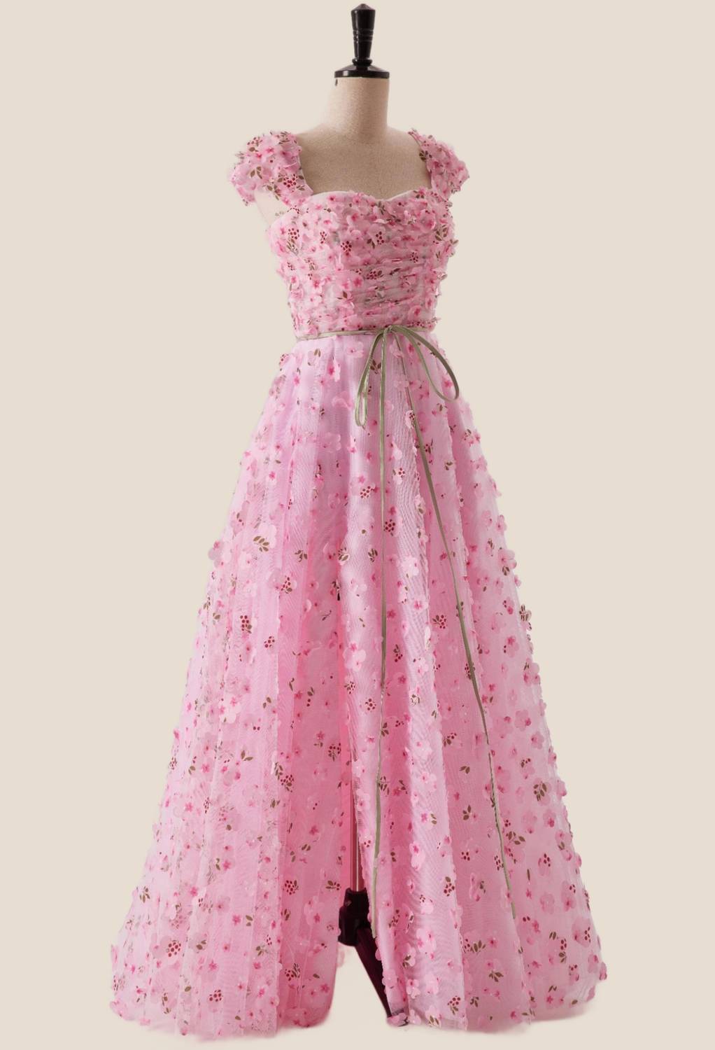 Pink Floral Cap Sleeves Long Formal Dress