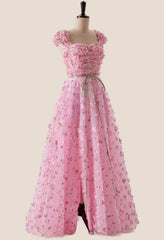 Pink Floral Cap Sleeves Long Formal Dress