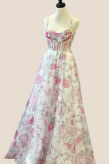 Pleated Neck Pink Floral Print A-line Long Dress