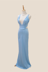 Plunge Neck Light Blue Cutout Sheath Long Dress