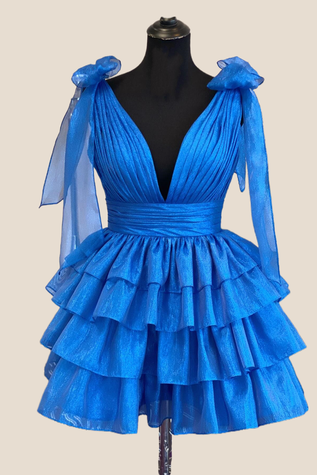 Plunge Neck Royal Blue Layered Short Dress