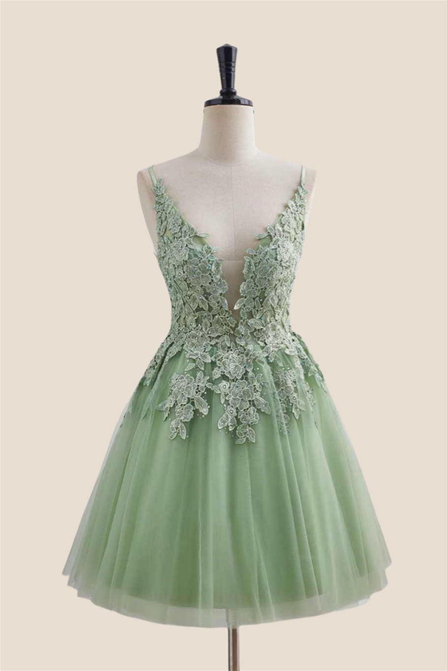 Plunge Neck Sage Green Appliques Short Dress