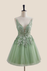 Plunge Neck Sage Green Appliques Short Dress