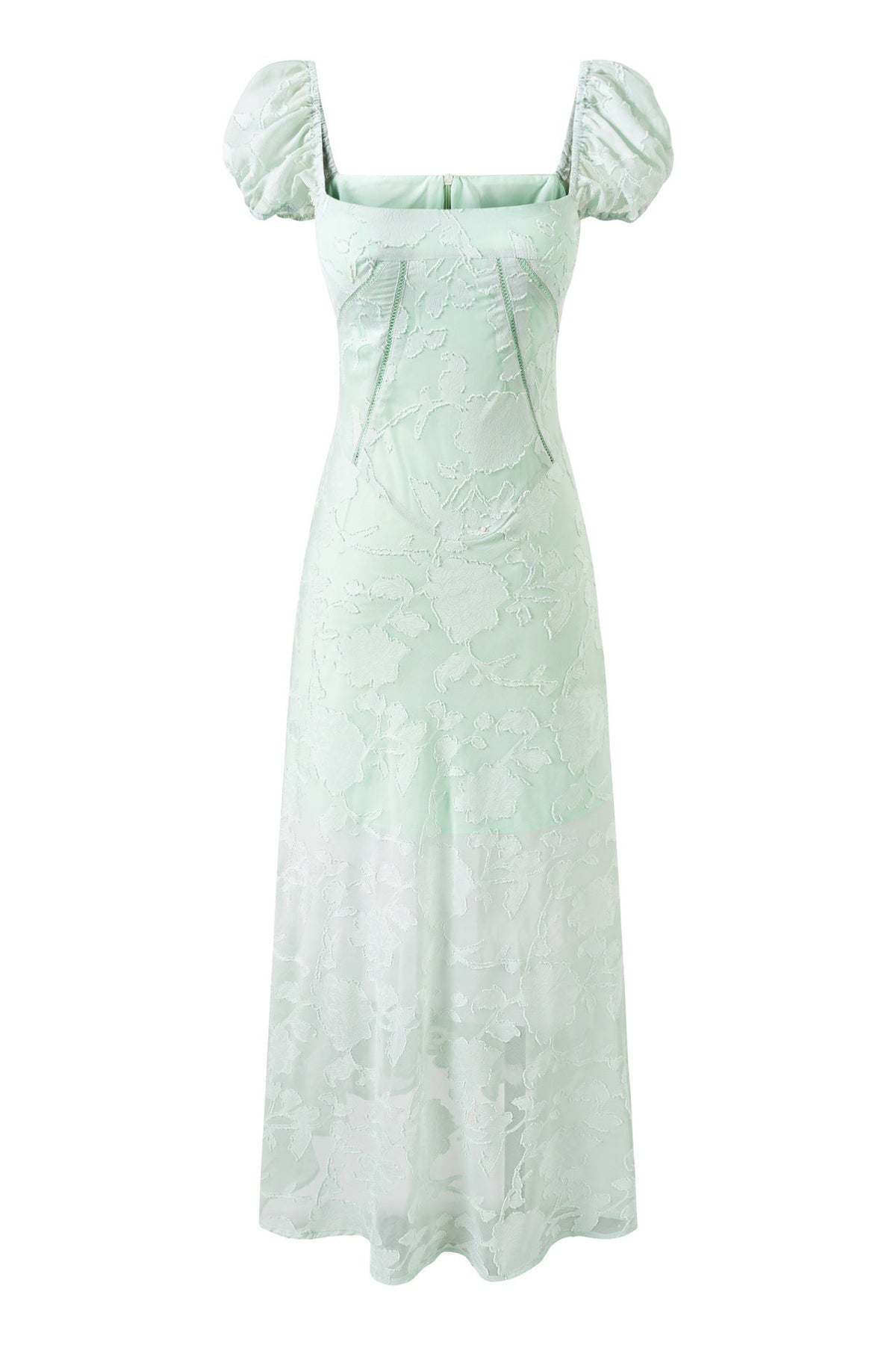 Puff Sleeves Green Floral Long Dress