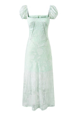 Puff Sleeves Green Floral Long Dress