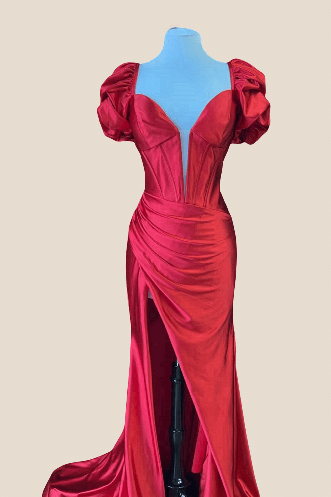 Puff Sleeves Red Mermaid Long Dress with Slit