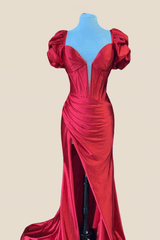 Puff Sleeves Red Mermaid Long Dress with Slit