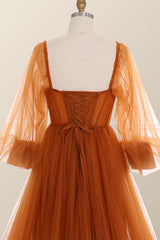 Long Sleeves Orange Tulle Long Formal Dress