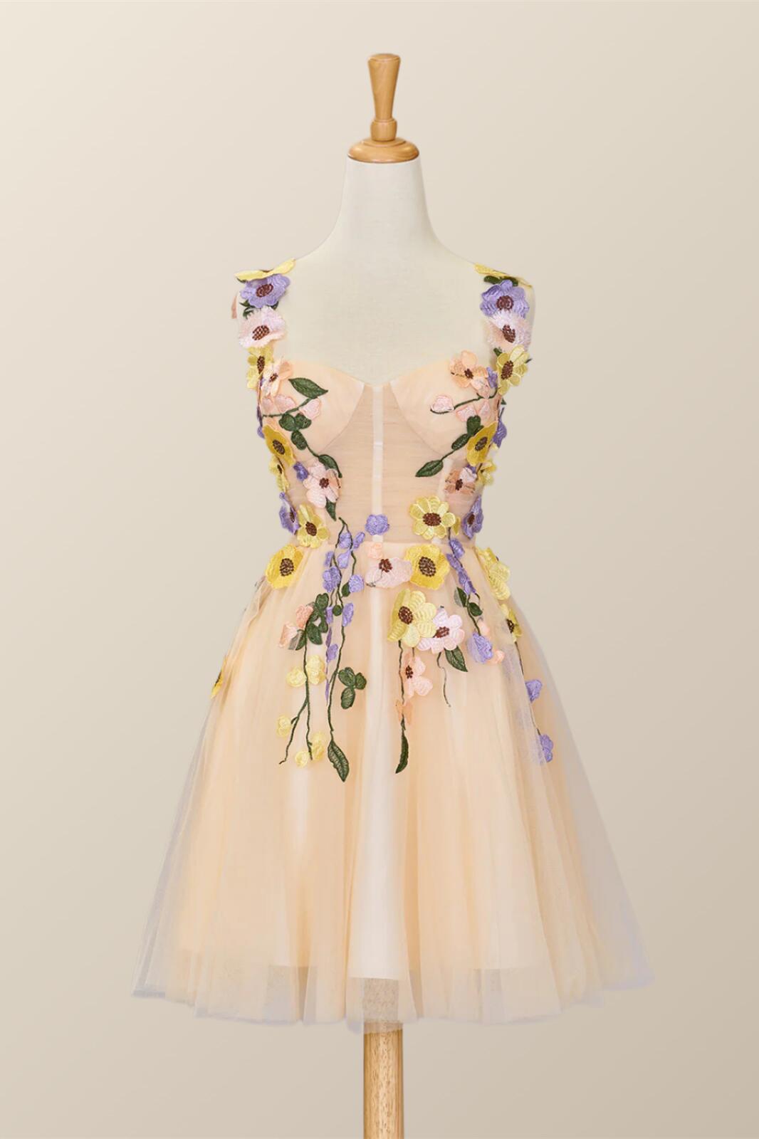 3D Floral Champagne Tulle Short Dress