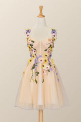 3D Floral Champagne Tulle Short Dress