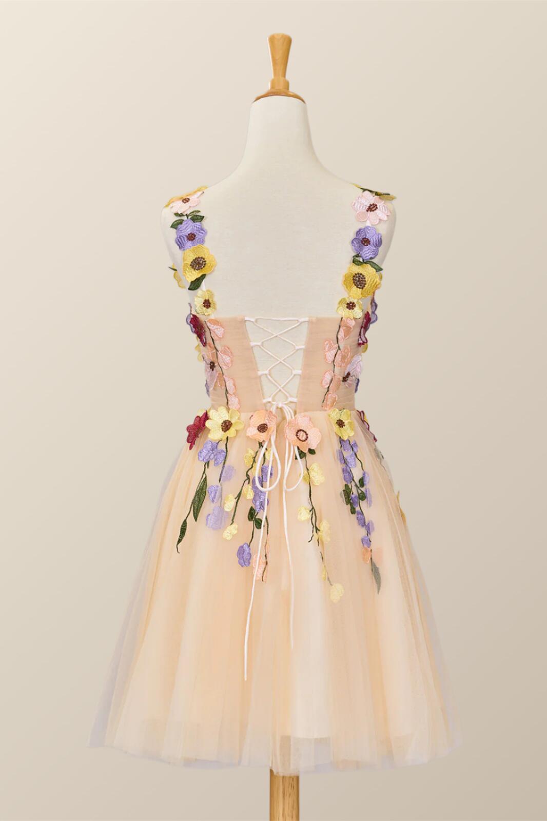 3D Floral Champagne Tulle Short Dress