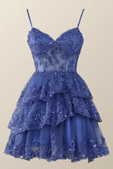 Straps Navy Appliques Tiered Layered Short Princess Dress
