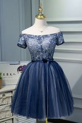Off the Shoulder Short Sleeves Navy Blue Tutu Party Dress