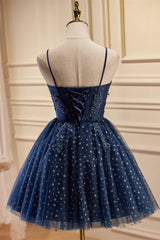 Navy Blue Straps Polk Dots Short A-line Party Dress