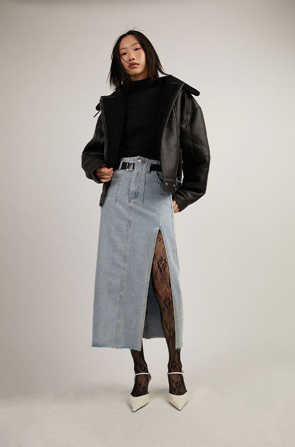 BELTED JEAN MIDI SKIRT