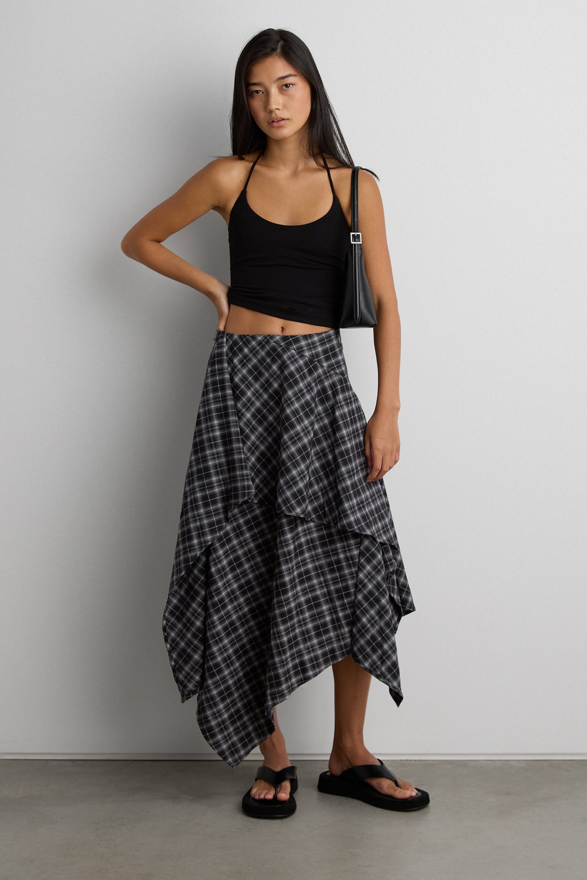 ASYMMETRICAL DRAPED PLAID MIDI SKIRT