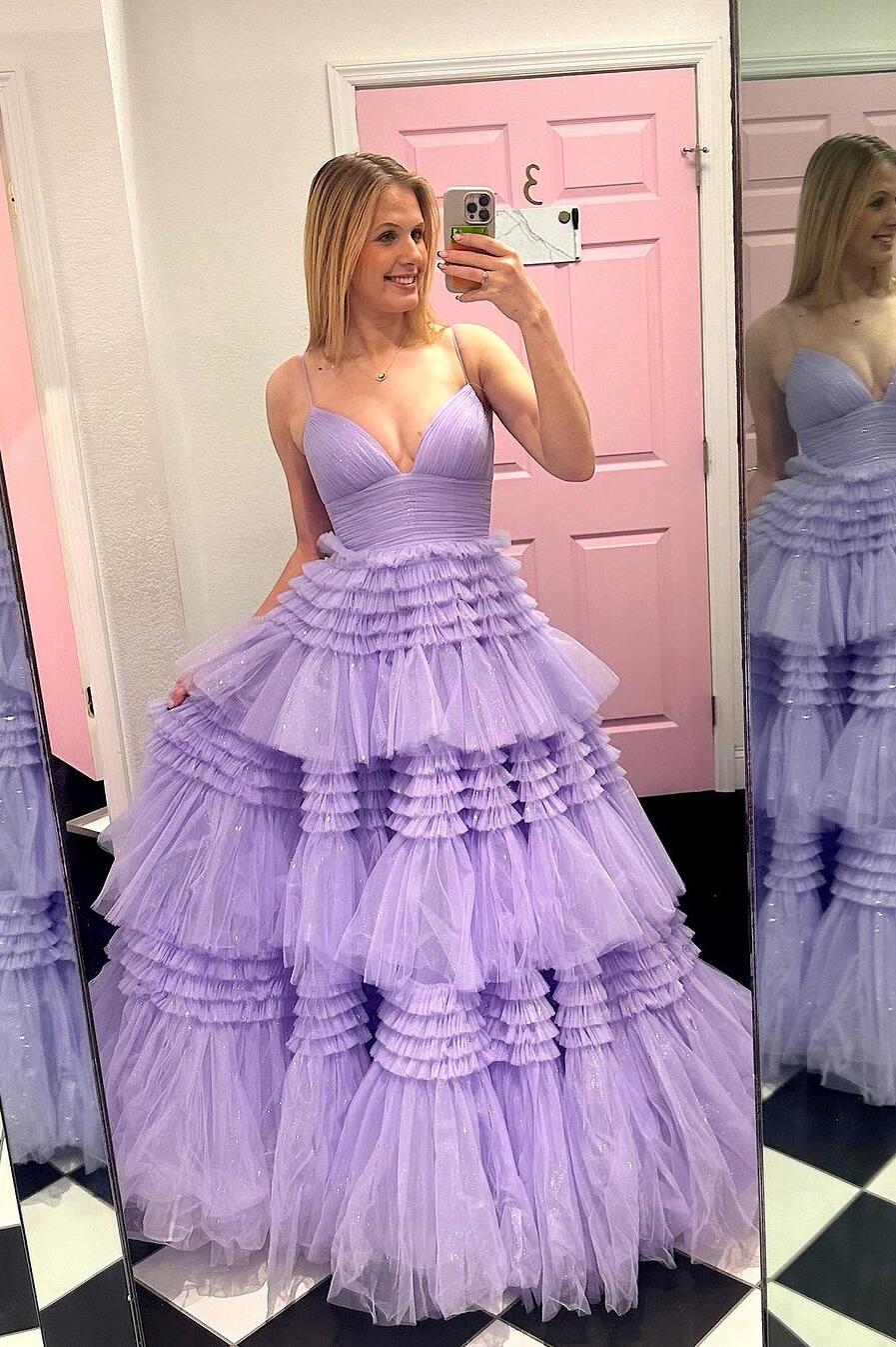 Light Blue Tiered Ruffle Long Ball Gown with Straps