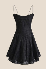 Spaghetti Straps Black Floral A-line Short Dress