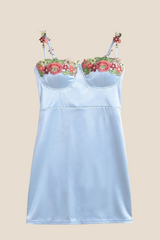 Spaghetti Straps Blue 3D Floral Mini Dress