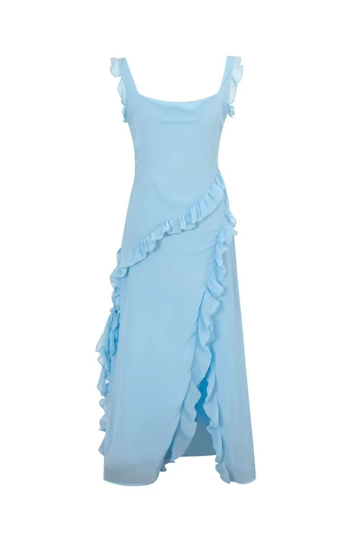 Square Collar Blue Ruffle Long Dress with Slit