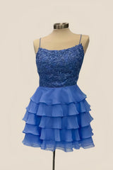 Square Neck Blue Appliques Tiered Short Dress