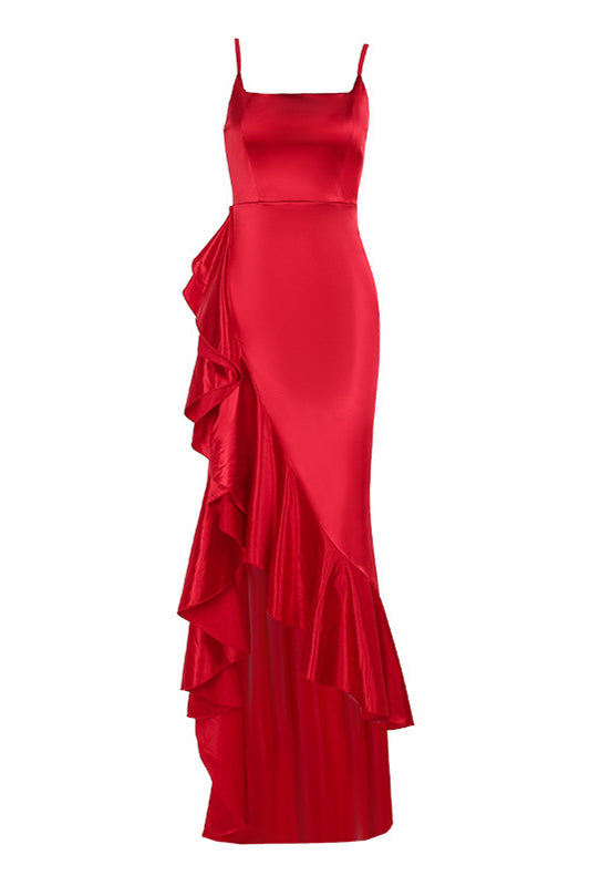 Square Neck Red Ruffle Long Dress