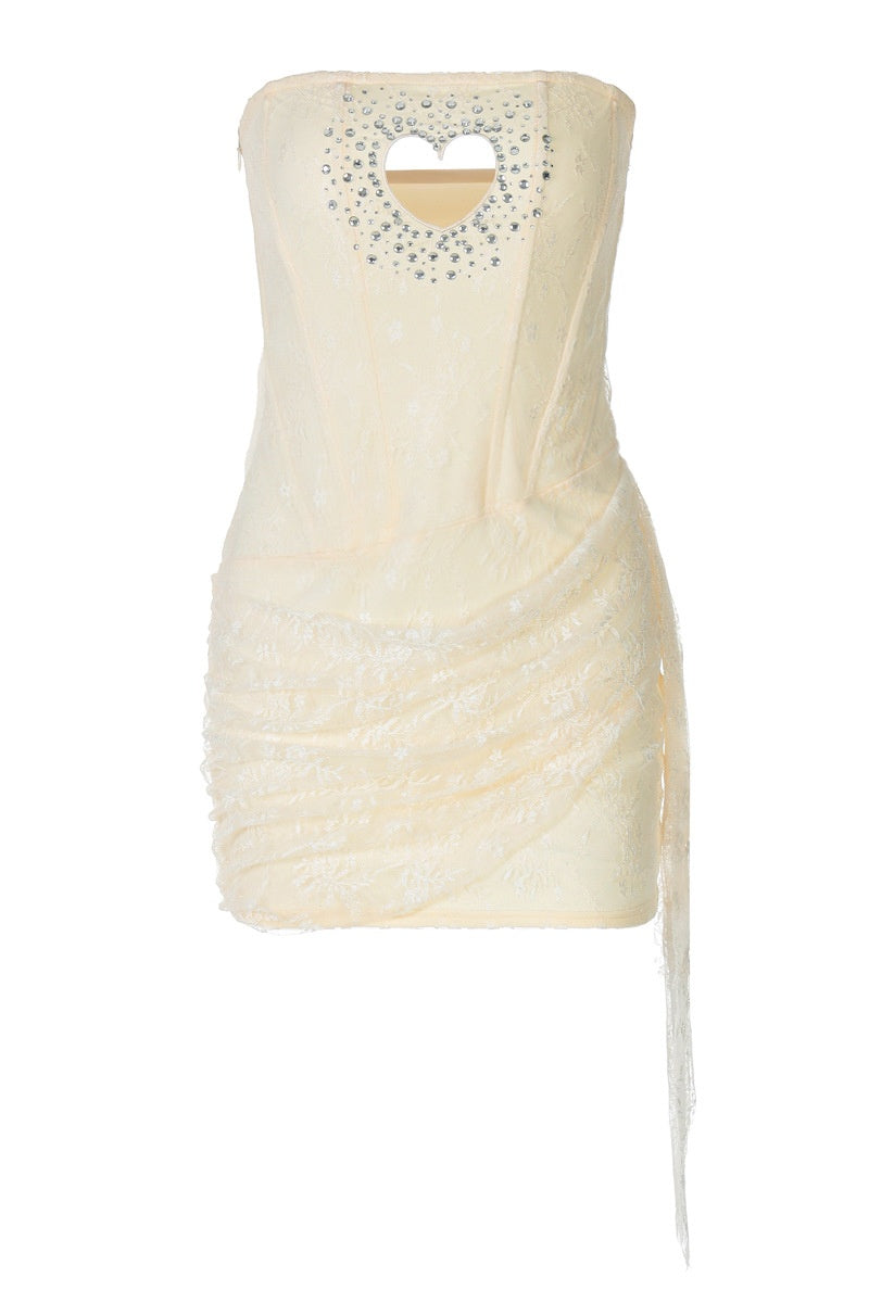 Strapless Yellow Hollow Heart Lace Short Dress