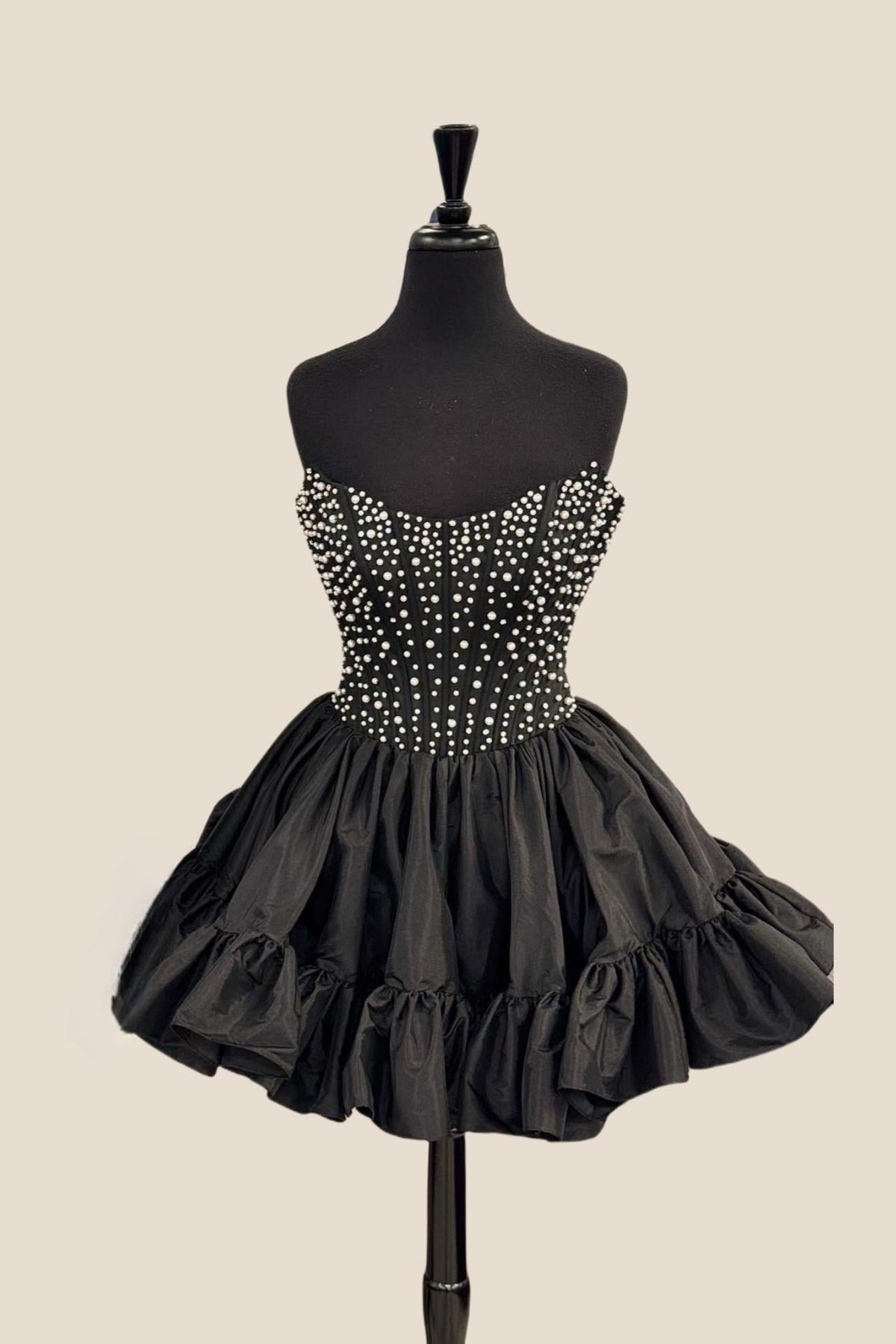 Strapless Black Ruffle Hem Short Dress with Pearls