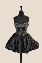 Strapless Black Ruffle Hem Short Dress with Pearls