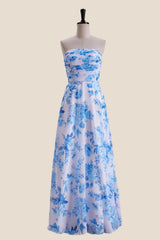 Strapless Blue Floral Print Pleated Long Dress