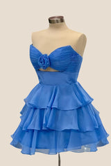 Strapless Blue Pleated Tiered Short Dress with Rosette