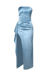 Strapless Blue Ruched Long Dress