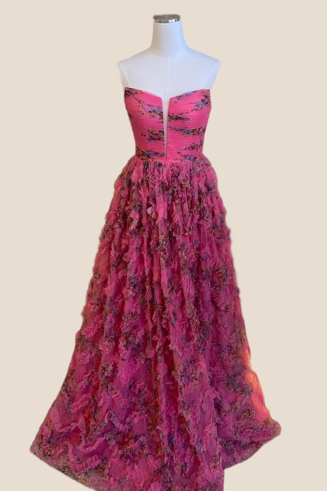 Strapless Fuchsia Floral Print Ruffle Long Dress
