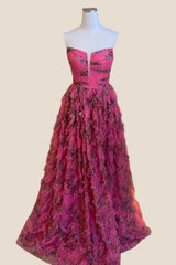 Strapless Fuchsia Floral Print Ruffle Long Dress