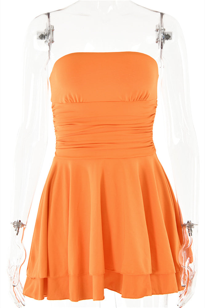 Strapless Orange Ruffle Ruched Short Dress