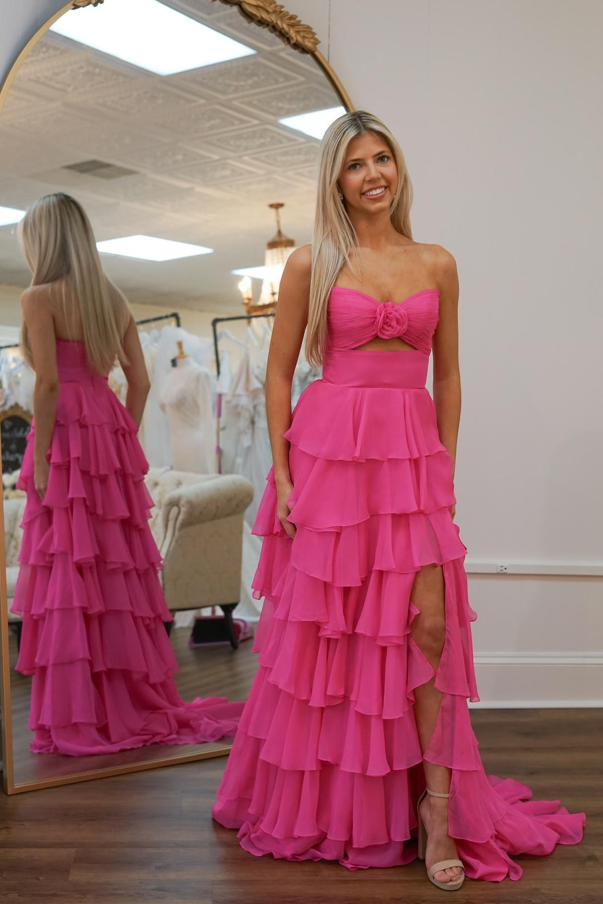 Strapless Hot Pink Rosette Tiered Long Dress