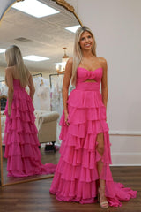 Strapless Hot Pink Rosette Tiered Long Dress