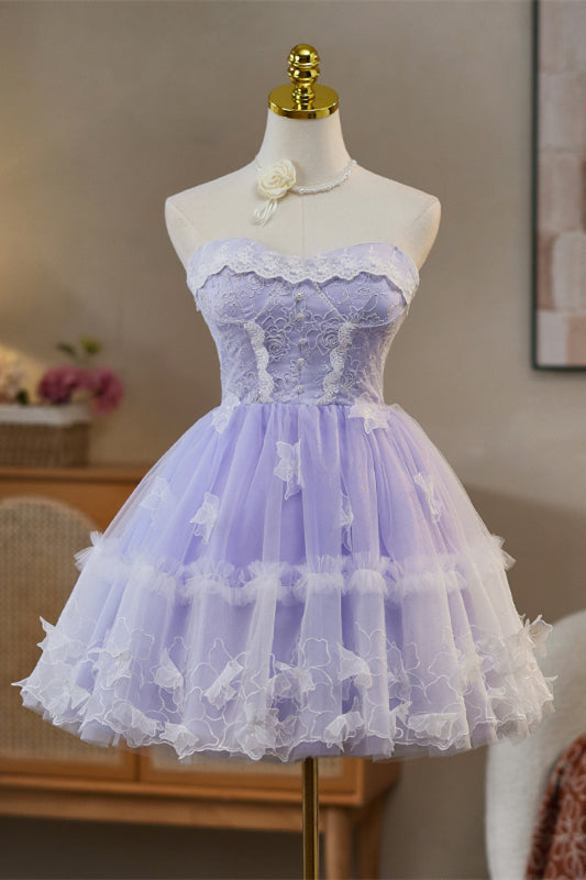 Strapless avender 3D Floral A-line Short Dress