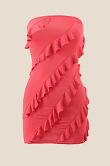 Strapless Coral Ruffled Bodycon Short Dress