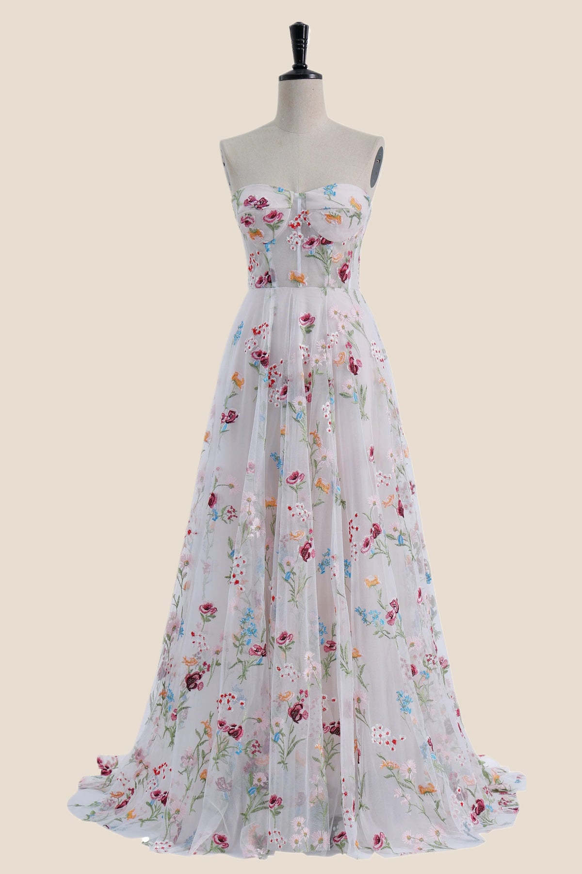 Strapless White Floral Embroidery Tulle Long Dress