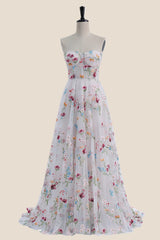 Strapless White Floral Embroidery Tulle Long Dress