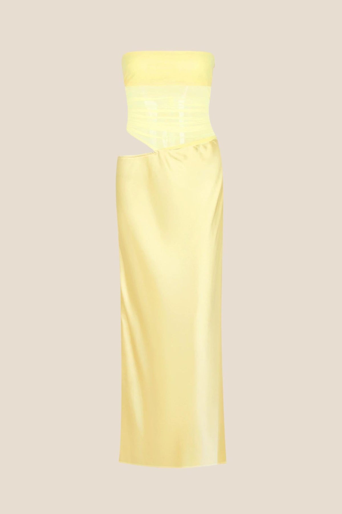Strapless Yellow Ruched Long Dress with Cut-out