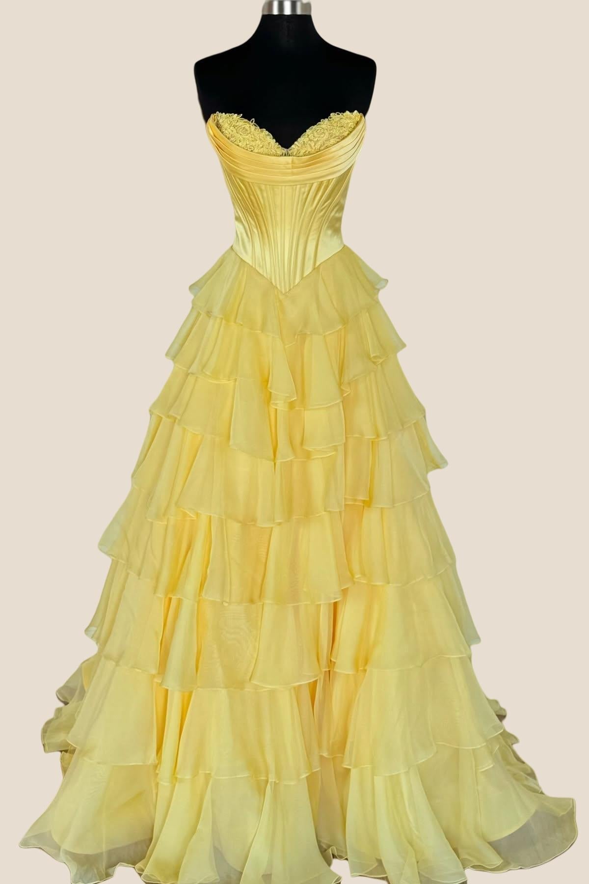 Strapless Yellow Tiered Chiffon Long Dress with Slit