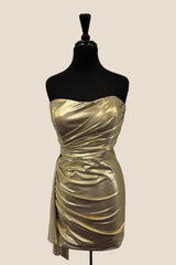 Strapless Gold Ruched Metallic Short Dress