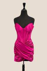 Strapless Fuchsia Ruched Short Dress with Boning