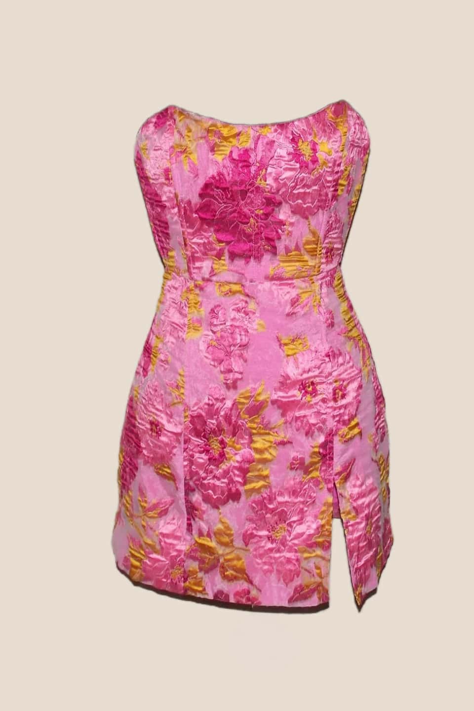 Strapless Pink Floral Short Dress with Silt