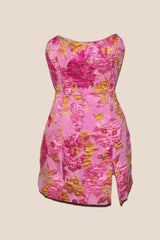 Strapless Pink Floral Short Dress with Silt